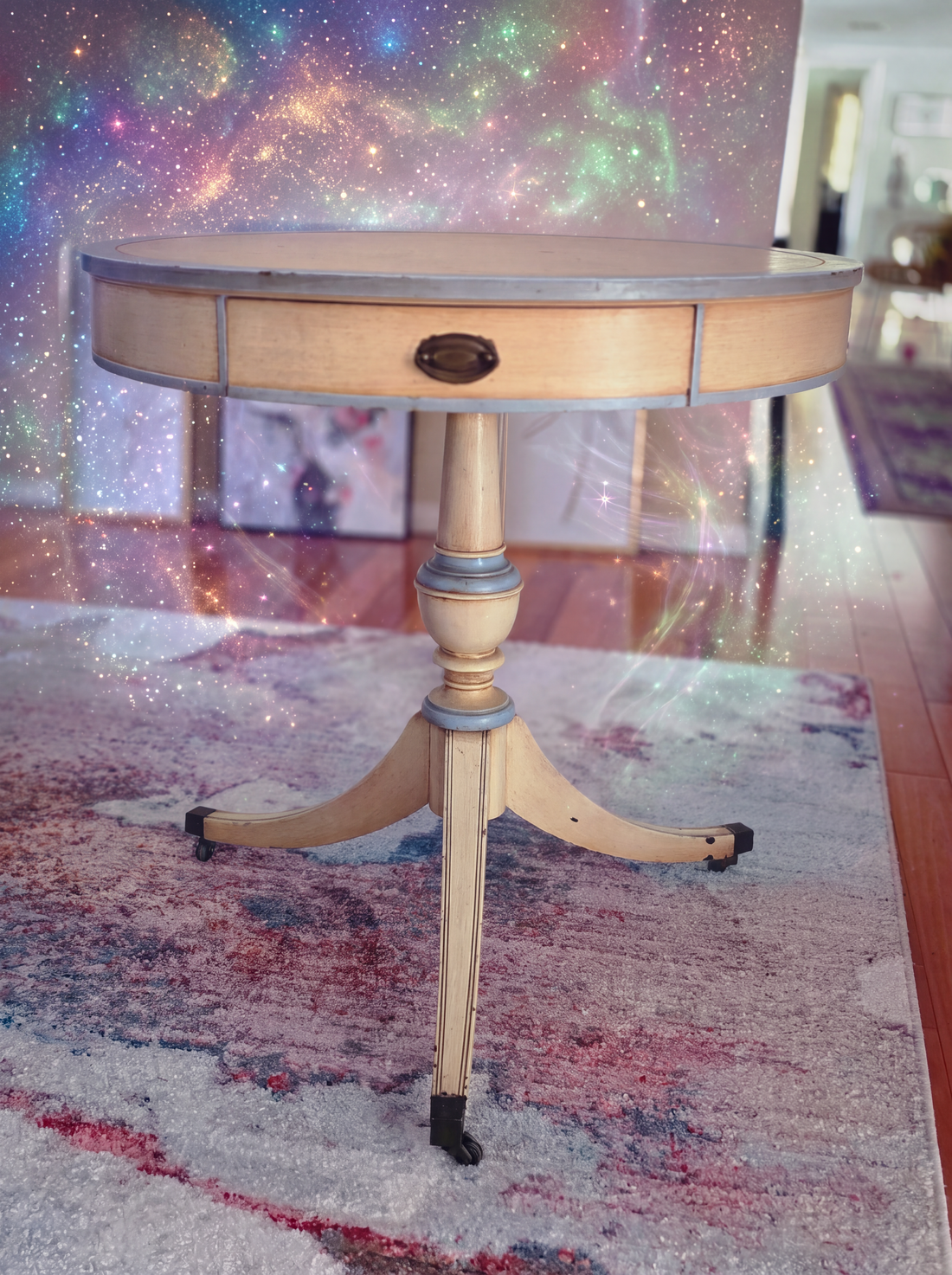 antique table dollhouse size with Firefly generated rainbow reiki sparkles 