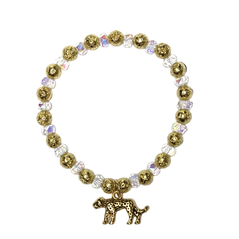 Charmed Cheetah gemstone bracelet with gold-dipped lava stones, aurora borealis faceted crystal rondelles, and an antique gold cheetah charm by Fancyness Revival.