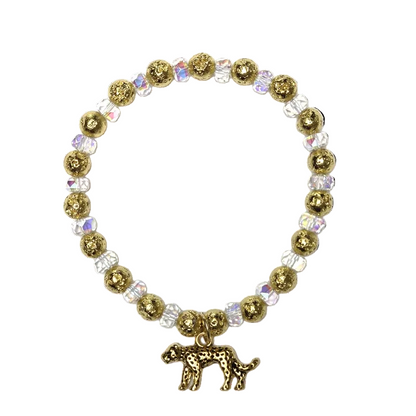 Charmed Cheetah gemstone bracelet with gold-dipped lava stones, aurora borealis faceted crystal rondelles, and an antique gold cheetah charm by Fancyness Revival.