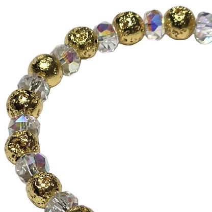 Charmed Cheetah gemstone bracelet with gold-dipped lava stones, aurora borealis faceted crystal rondelles, and an antique gold cheetah charm by Fancyness Revival.