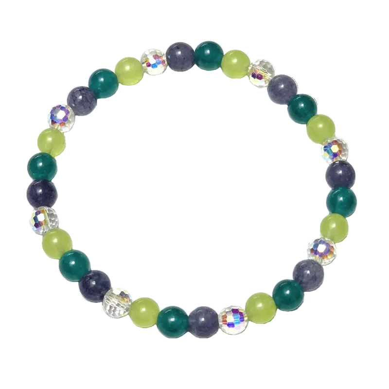 Cosmic Candy gemstone bracelet featuring green apple jade, angelite, amazonite, and aurora borealis glass crystals by Fancyness Reviva