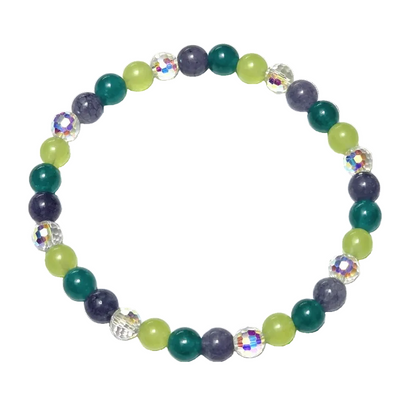 Cosmic Candy gemstone bracelet featuring green apple jade, angelite, amazonite, and aurora borealis glass crystals by Fancyness Reviva