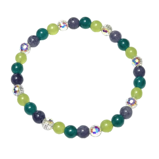 Cosmic Candy gemstone bracelet featuring green apple jade, angelite, amazonite, and aurora borealis glass crystals by Fancyness Reviva