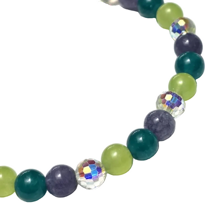 Cosmic Candy gemstone bracelet featuring green apple jade, angelite, amazonite, and aurora borealis glass crystals by Fancyness Reviva