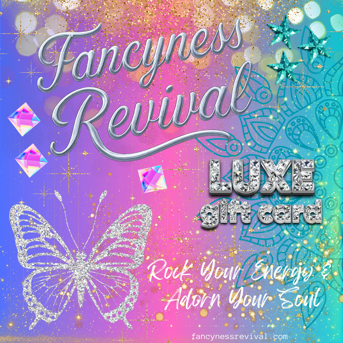 Fancyness Revival digital Luxe Gift Card for Reiki-infused crystal jewelry and rock star affirmations.