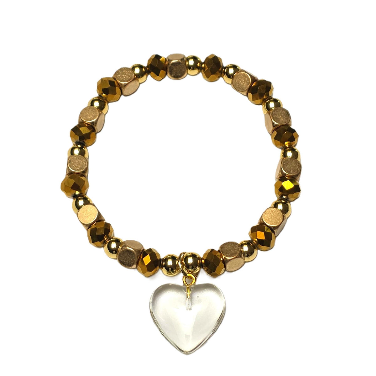 gold and copper beads with a clear glass heart