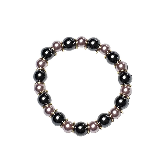 metallic grey and lavender beads with gold rings
