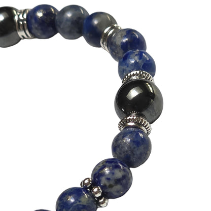 a blue and black stone beaded bracelet 